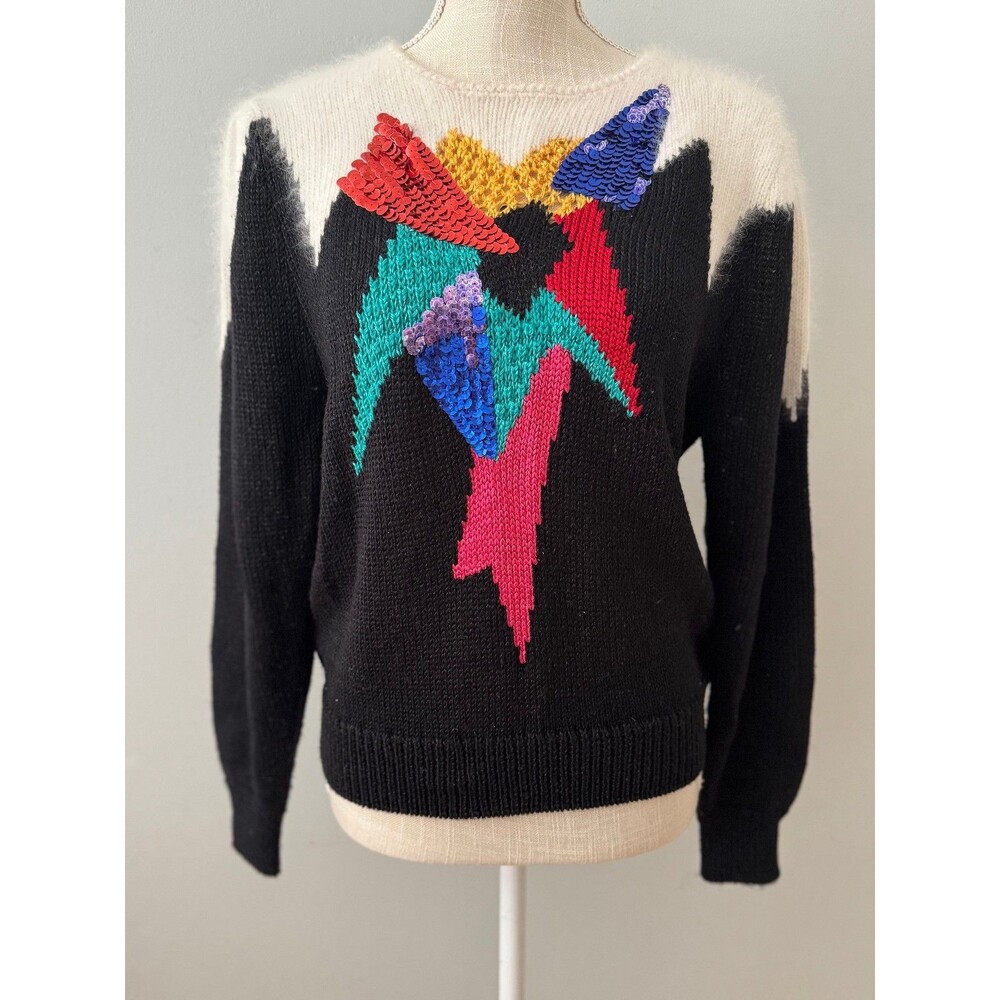 Vintage 80s Illustrations Wool Blend Sequin Pullover Sweater Size Medium